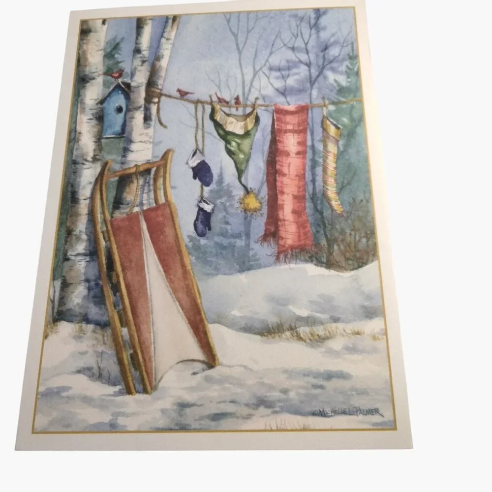 Holiday Greeting Card Vintage Sled Winter Clothes Michelle Palmer
